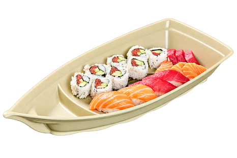 Sushi platter with rolls, salmon and tuna